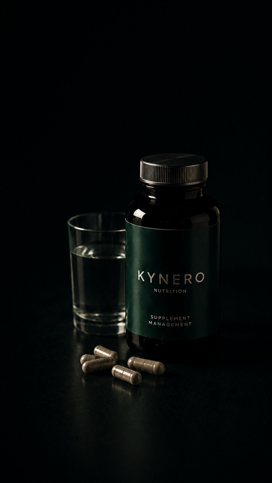 Kynero Supplement Flasche mit Kapseln und Glas